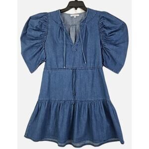 Anthropologie Olivaceous ~Size S~Blue Denim Short Sleeve Babydoll Dress Ruffle.